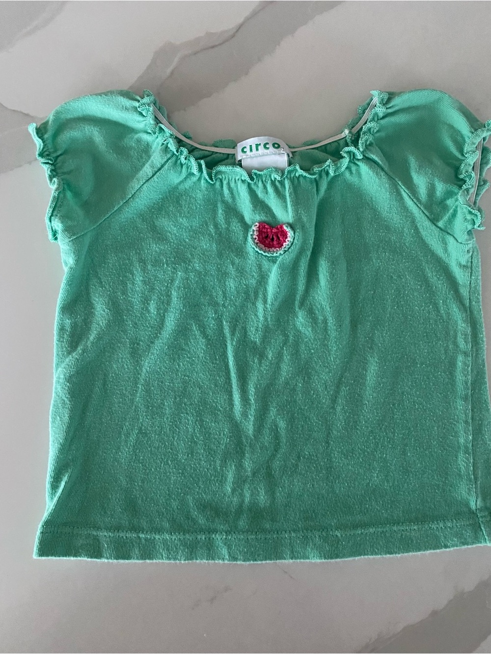 Vtg 90’s Circo Ruffle Hem Crochet Watermelon Short Sleeve 100% Cotton Top 12M